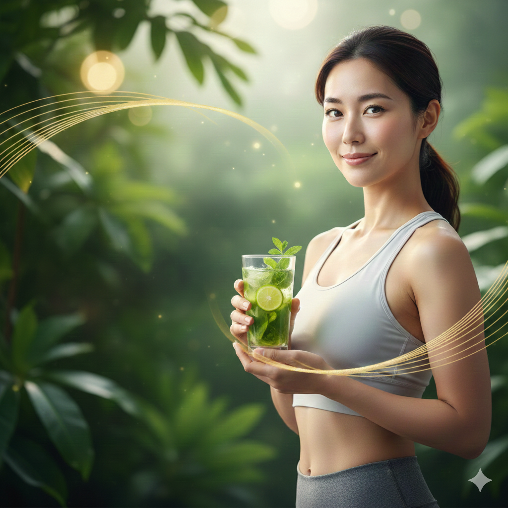 デトックスの水をもってる女性